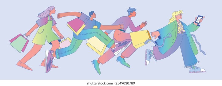 Flat vector illustration of diverse characters carrying shopping bags and running. Male and female characters in colorful casual clothes, dynamic poses, joyful emotions. Isolated modern style.