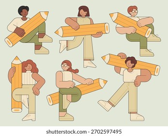 Ilustración vectorial plana de diversos personajes con lápices de gran tamaño, concepto lúdico en un estilo minimalista moderno.