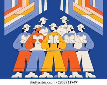 Flat Vector Illustration of a Diverse Choir Singing from Songbooks