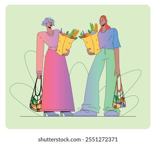 Ilustración vectorial plana de diversos personajes femeninos aislados sobre fondo claro. Dos mujeres sosteniendo bolsas de comestibles y mallas llenas de verduras y pan. Compras de comestibles en trajes casuales