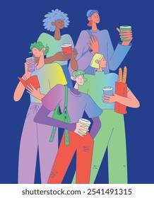 Flat vector illustration of a diverse group of young women enjoying coffee together. Casual outfits, unique styles, cheerful vibe. Vibrant colors, modern look, friendship, social interaction.