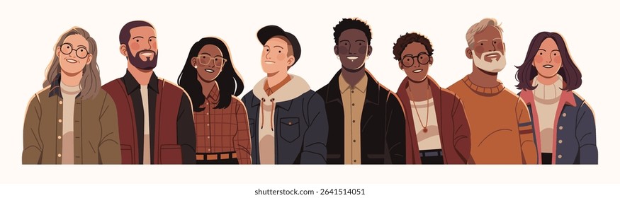 Flat vector illustration of a diverse group of people standing side by side, representing community, inclusivity, and