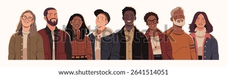 Flat vector illustration of a diverse group of people standing side by side, representing community, inclusivity, and