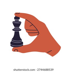 Flat vector illustration of diverse hands holding chess pieces in different gestures. Strategy, leadership, planning, and competition concept. Black and white chess figures symbolizing business tactics, teamwork, decision making, and success. Modern minimal cartoon style isolated on light background for branding, marketing, and educational design.