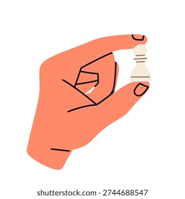 Flat vector illustration of diverse hands holding chess pieces in different gestures. Strategy, leadership, planning, and competition concept. Black and white chess figures symbolizing business tactics, teamwork, decision making, and success. Modern minimal cartoon style isolated on light background for branding, marketing, and educational design.