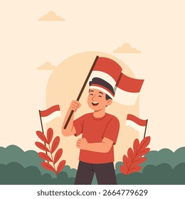 Flache Vektorgrafik der verschiedenen indonesischen Menschen, die den Unabhängigkeitstag feiern. Winkende nationale rot-weiße Flaggen