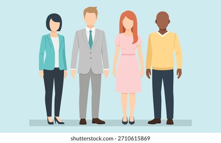 A flat vector illustration of diverse men and women standing together in business and casual outfits—ideal for teamwork concepts, presentations, websites, infographics, and corporate designs.
