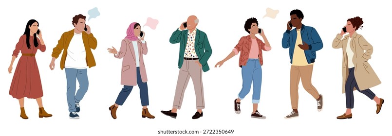 Ilustración vectorial plana de diversos hombres y mujeres caminando mientras hablan en teléfonos inteligentes, moda casual moderna, estilo minimalista limpio, aislado en blanco.