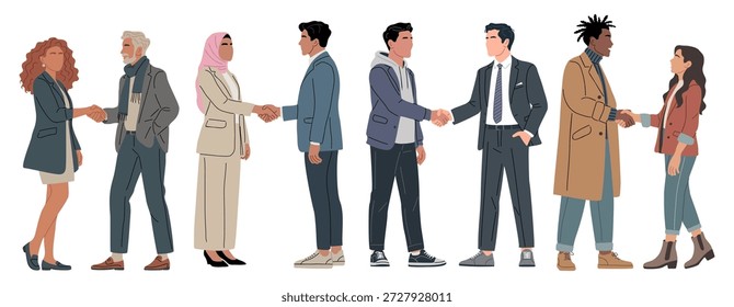 Flat vector illustration of diverse men and women shaking hands, symbolizing partnership, trust, and professional collaboration on a white background.