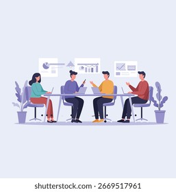 Ilustración vectorial plana de diversa- reunión de Equipo de oficina con estilo mínimo