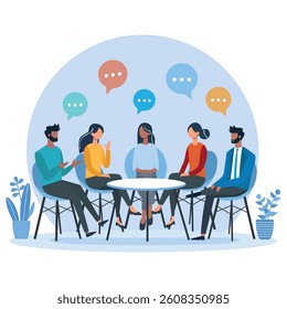Flat vector illustration of diverse people sitting in a circle and having a discussion. Group meeting, brainstorming, or team collaboration concept with speech bubbles and modern interior