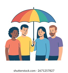Ilustração vetorial plana de diversas pessoas segurando um guarda-chuva arco-íris, simbolizando a inclusão e a consciência da saúde sexual. Elementos para o Dia Mundial da Saúde Sexual