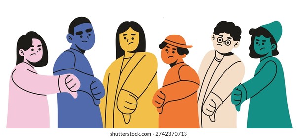 Flat vector illustration of diverse people showing thumbs down gesture with serious and disappointed expressions. Modern minimalist style with bold colors isolated on white background. Concept of rejection, disagreement, negative feedback, protest, bad review, dissatisfaction, and social reaction. Suitable for editorial, social media, marketing, and infographic design.