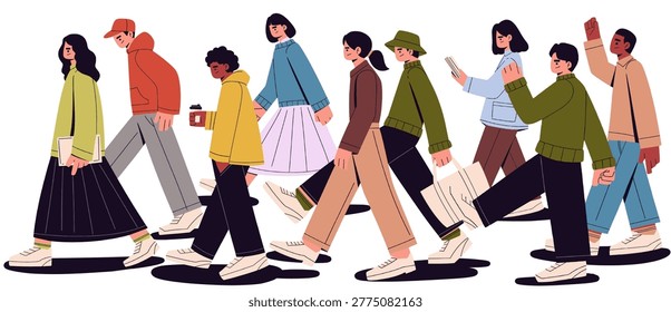 Flat vector illustration of diverse people walking together in a busy urban scene, modern lifestyle characters in casual outfits, men and women in motion carrying coffee, books and bags, minimal cartoon style with dynamic poses, contemporary city crowd concept, social interaction and daily activity, isolated on light background, trendy design for web and print use