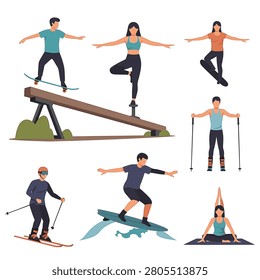 Flat vector illustration of diverse people practicing balance and coordination sports including skateboarding, skiing, surfing, yoga, and snowboarding on a white background.