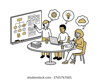 A flat vector illustration of a diverse professional team brainstorming a digital product strategy, featuring wireframes, flowcharts, and creative idea symbols in a conference room setting.