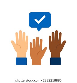 Flat vector illustration of diverse raised hands with a speech notification icon, representing voting, public opinion, civic engagement, participation, feedback and democratic rights.