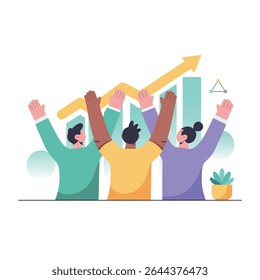 Flat vector illustration of a diverse team cheering in front of upward bar graph. Represents business growth, success, teamwork and achievement. Animation-friendly design.