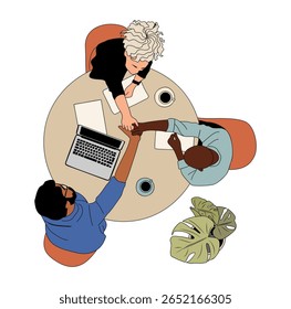 Flat vector illustration of diverse team meeting at round table, top view. People shaking hands, working on laptop, drinking coffee. Business teamwork and collaboration concept. Isolated on white.
