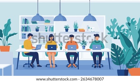 Flat vector illustration of a diverse team working in a modern coworking office space. Features people using laptops, surrounded by plants and bookshelves, symbolizing productivity,