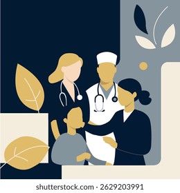 Flat vector illustration of a doctor advising a patient in a modern medical facility. The scene of the medical consultation. For projects related to healthcare, medicine, telemedicine and hospitals