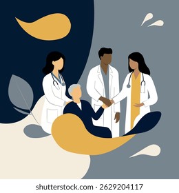 Ilustración vectorial plana de un médico que aconseja a un paciente en un centro médico moderno. La escena de la consulta médica. Para proyectos relacionados con la sanidad, la medicina, la telemedicina y los hospitales