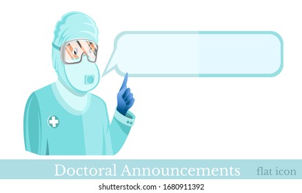  Ilustración vectorial plana. Médico vestido con traje de protección, gafas y mascarilla con burbuja de habla a su lado