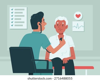 Ilustração de vetor plano de consulta médica e exame de paciente idoso no consultório médico. Conceito de cuidados de saúde, diagnóstico, verificação médica e tratamento do doente