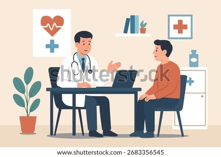 Flat vector illustration of a doctor consulting a patient in a medical office. Professional healthcare concept with physician, patient, stethoscope, medical symbols, and clinical setting