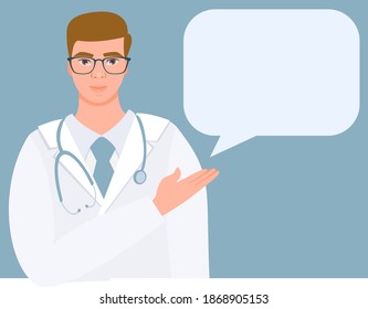 Flat vector illustration. The doctor with glasses points to the information with his hand. Illustration for information posters, brochures, advertising.