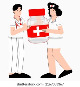 Flat vector Illustration of a doctor and a nurse holding a medicine bottle. Free medication, free medicine, free medical service illustration.