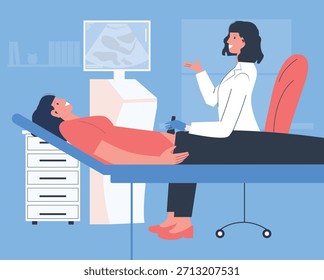 Ilustração de vetor plano de um médico realizando um exame de ultrassom pélvico para verificar a saúde do ovário e da reprodução. Adequado para ginecologia, fertilidade e temas de saúde da mulher.