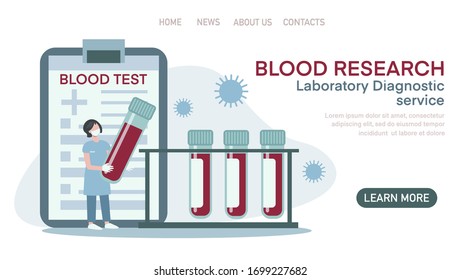 Flat vector illustration of doctor with test tube and woman, medical form with diagnosis blood test with text blood test  isolated on blue background. Template for website, landing page, banner 