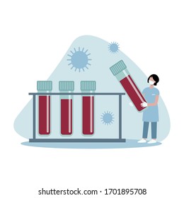 Flat vector illustration of doctor with test tube of blood test   isolated on blue background. Template for website, landing page, banner 