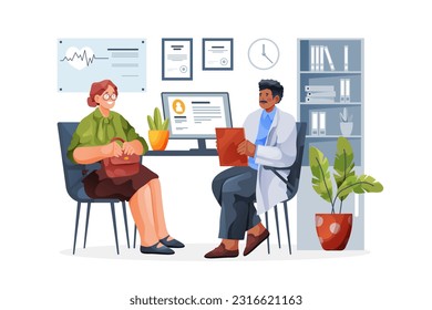 Ilustración vectorial plana de la visita o consulta al médico. Mujer en el campeonato de chequeo de medicina. Diagnóstico en cita clínica u hospitalaria. Reunión de diagnóstico. Salud de la mujer y temas médicos