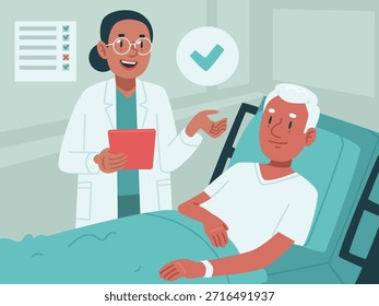 Ilustração de vetor plano de médico visitando e consultando paciente na ala hospitalar. Conceito de cuidados pós-operatórios, recuperação de pacientes, verificação médica e serviços de saúde