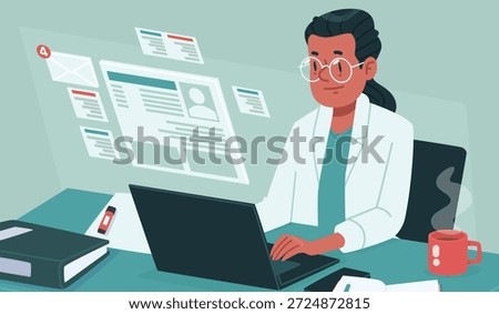 Flat vector illustration of a doctor working with medical records and filling out patient documents at a clinic or hospital office. Healthcare professional managing patient data on a laptop, digital forms and medical documentation