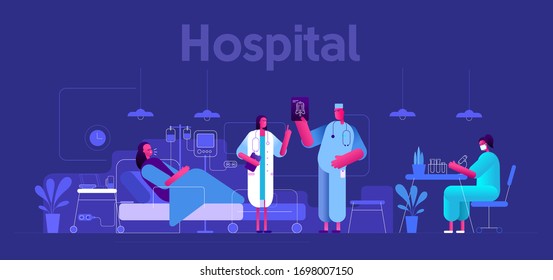 Flat vector illustration. Doctors in the hospital watching an X-ray of the patient. Interior of the hospital. 