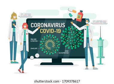 Flat vector illustration of doctors in masks tell about coronavirus COVID-19 internal structure on a tv or computer monitor. There are pills, syringe around.