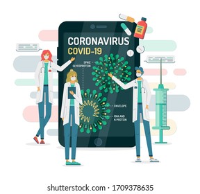 Flat vector illustration of doctors in masks show coronavirus internal structure on a smartphone or tablet. COVID-19 has Spikes, Glycoprotein, Envelope, RNA and N protein. There are pills, syringe aro