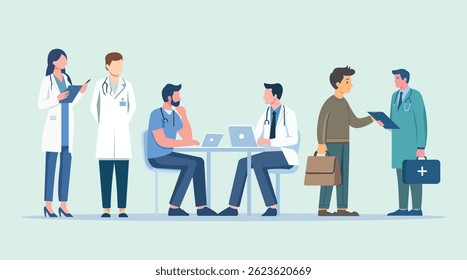 Flat vector illustration of doctors, nurses, and patients in hospitals, clinics, pharmacies, dental checkups, vaccinations, and pediatric care scenes