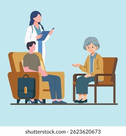 Flat vector illustration of doctors, nurses, and patients in hospitals, clinics, pharmacies, dental checkups, vaccinations, and pediatric care scenes