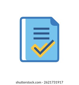 Ilustração vetorial plana de um documento com uma marca de seleção, simbolizando conclusão e aprovação, em um plano de fundo preto.