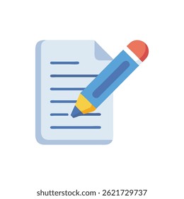 A flat vector illustration of a document with a pencil writing on it. The style is simple and modern.