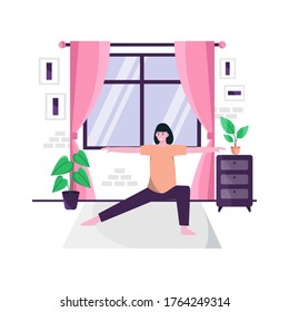 Flat vector illustration of doing yoga exercises at home every morning to maintain a healthy body for landing page, ui, mobile app and website