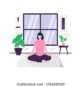 Flat vector illustration of doing yoga exercises at home every morning to maintain a healthy body for landing page, ui, mobile app and website