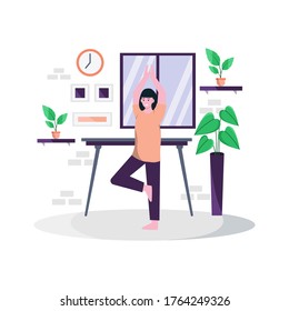 Flat vector illustration of doing yoga exercises at home every morning to maintain a healthy body for landing page, ui, mobile app and website