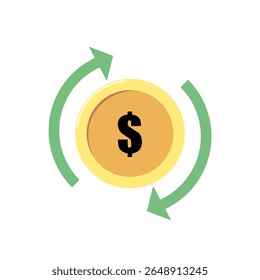 Flat Vector Illustration of Dollar Coin with Circular Arrows Representing Currency Exchange