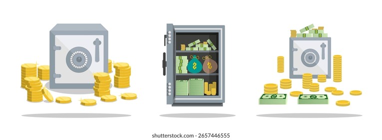 Flache Vektorgrafik von Dollargeld und Goldmünze, sichere Lagerung und Konzept von Reich und Bank für finanzielle Sicherheit