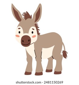 Flat vector illustration. Domestic animals from a farm. Cute donkey on white background 